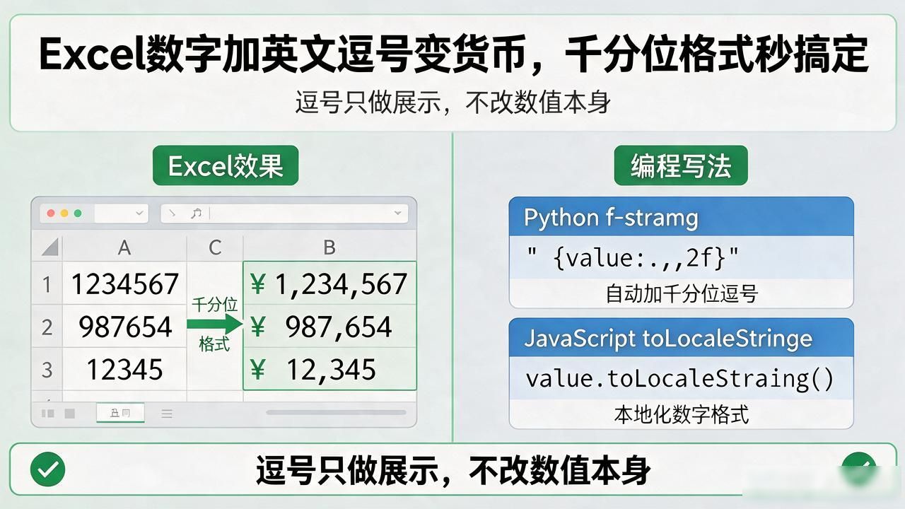 Excel数字加英文逗号变货币，千分位格式秒搞定